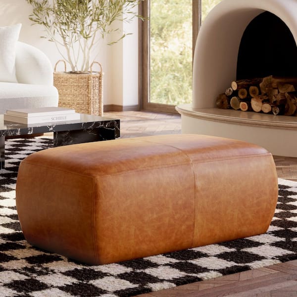 Denver Leather Rectangle Ottoman in Cognac Tan