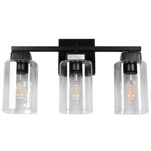 16 in. 3-Light Matte Black Vanity Light, Modern Bathroom Wall Fixture with Square Clear Glass Shades