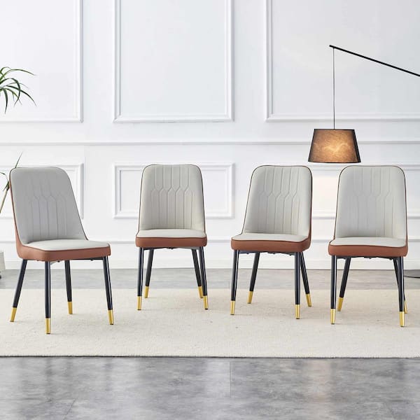 Modern Brown/Light Gray PU Leather Seat Dining Chairs Set of 4 for Kitchen, Living, Dining Room