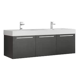 Vista 48 in. Modern Wall Hung Bath Vanity in Black with Double Vanity Top in White with White Basins