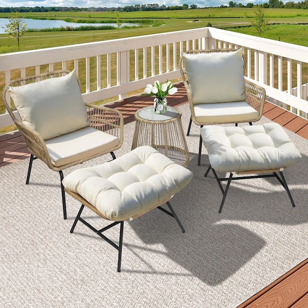 FINCATI Boho Outdoor Patio Wicker Rattan Lounge Chairs with Removable Cushion, Ottoman and Side Table for Deck, Porch (5-Pack)