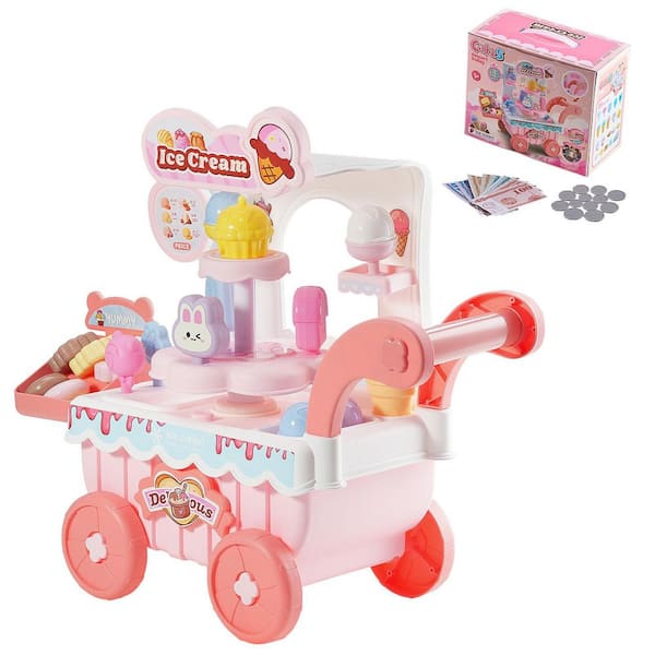 Ice Cream Cart for Kids 27 Piece Accessories Pretend Play Store Storage Trolley w/ Pretend Money Sound and Light Effects