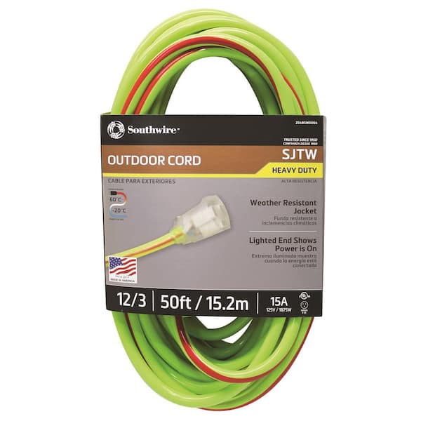 Southwire 50 ft. 12/3 SJTW Hi-Visbility Multi-Color Outdoor Heavy-Duty Extension Cord with Power Light Plug