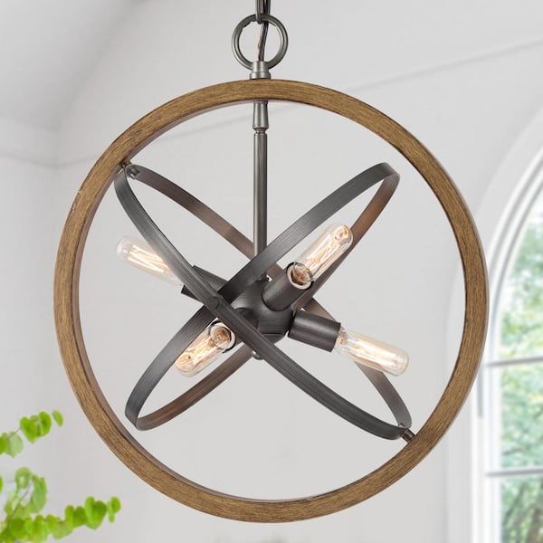 LNC Modern Brushed Black Chandelier 6-Light Transitional Island Candlestick Sputnik Cage Chandelier with Faux Wood Accents