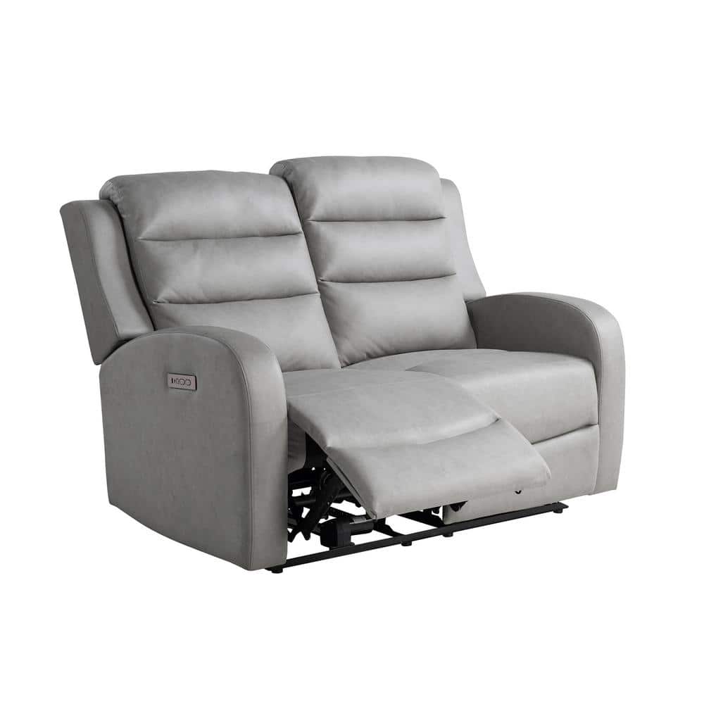 Gray Faux Leather Channel Tufted Reclining Loveseat with Acacia Wood