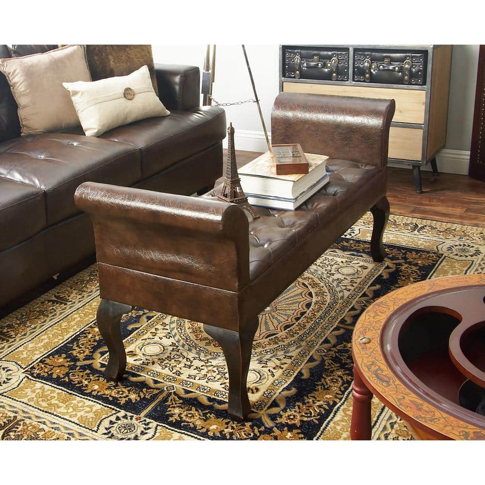 Modern 53'' Walnut Brown Leather and Wood Entryway Bench