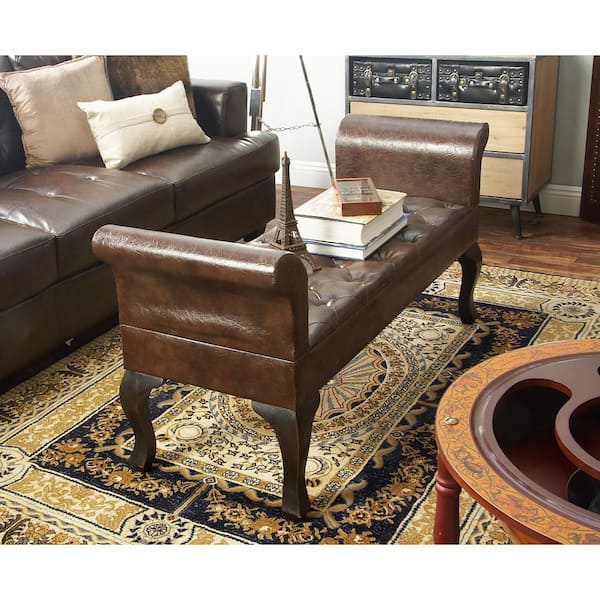 Litton Lane Brown Tufted Bench with Wood Legs 25 in. X 53 in. X 18 in.