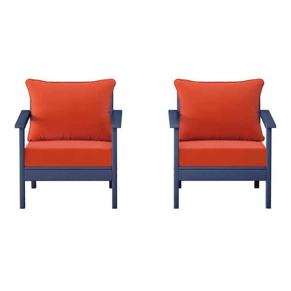 Birchwood Navy Blue Outdoor Patio (Set of 2) Deep Seating HDPE Lounge Chairs w/ Orange Cushions