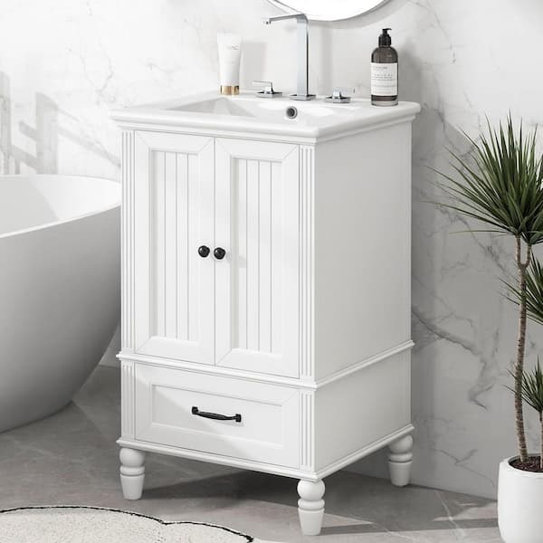 20 in. W Single Sink Freestanding White Bath Vanity with White Ceramic Top and Drawers, Unassembled