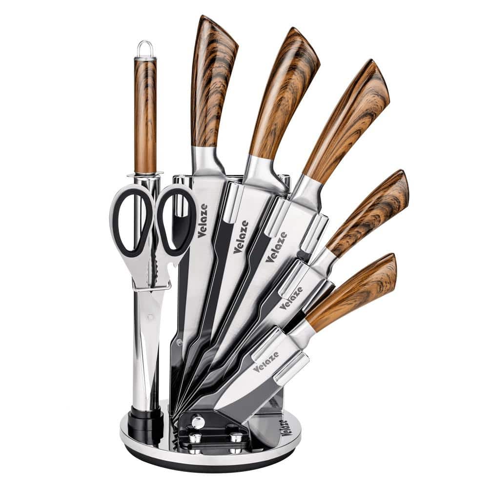 Velaze 8pcs Stainless Steel Kitchen Knife Sets with Sharpener and Spinning Block - Grey Colour Coated Hollow Handle