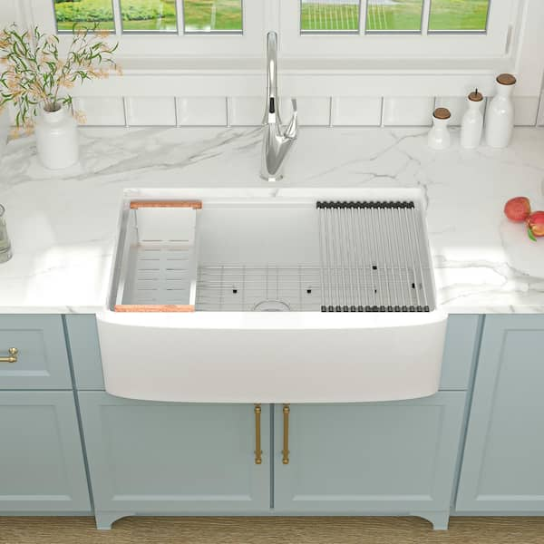 Lordear Workstation Double Bowl Kitchen Sink 33 Inch White Farmhouse Sink