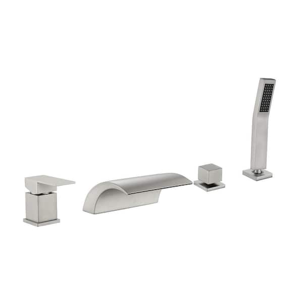 FLG 2-Handle Tub Deck Mount Roman Tub Faucet with Hand Shower Brass Waterfall Bathtub Filler with Sprayer in Brushed Nickel
