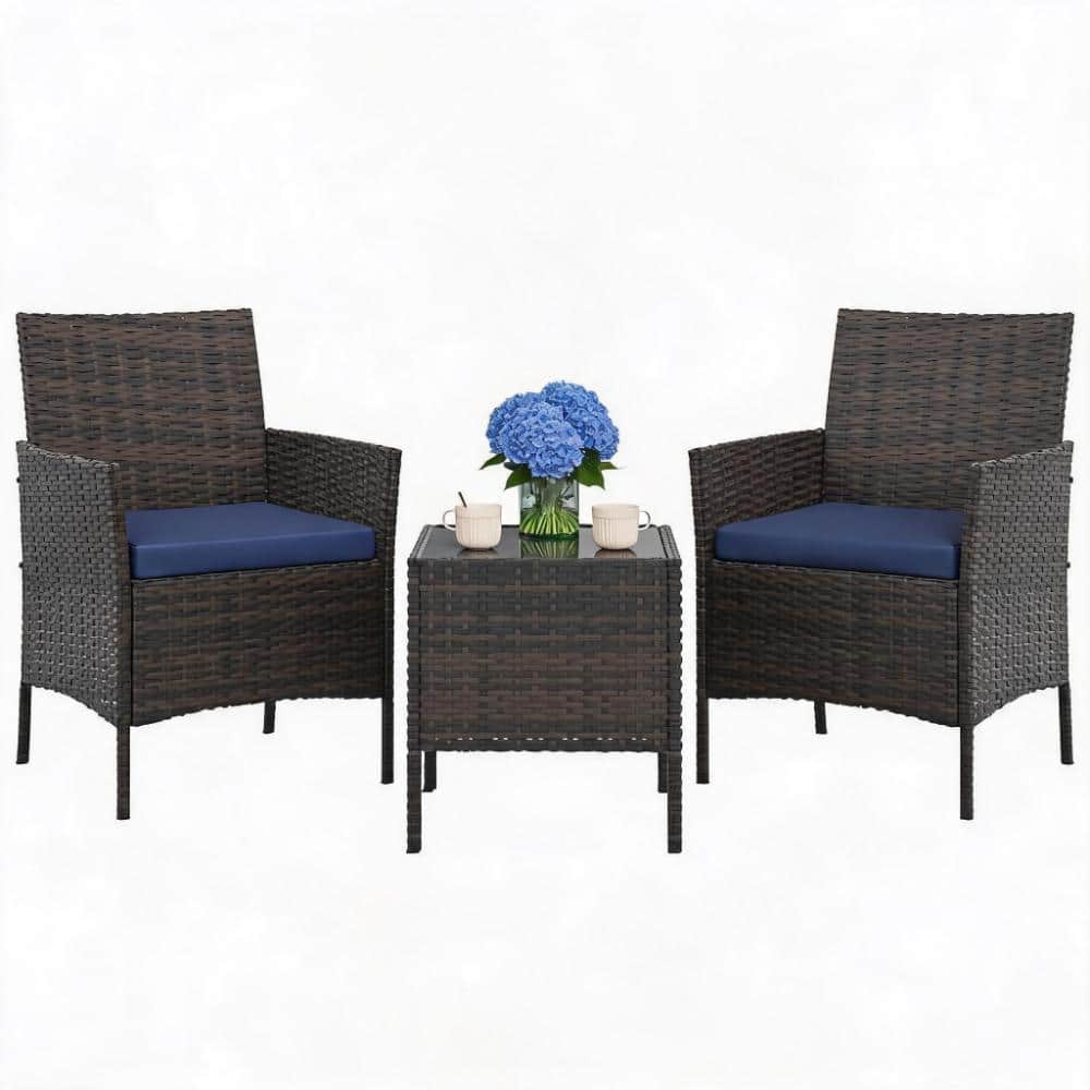 3 Piece Patio Bistro Set – PE Rattan Wicker Chairs with Soft Cushions & Glass Coffee Table – Small Outdoor Furniture price history on PriceWatchPro