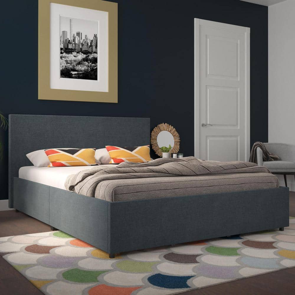 Elegant Navy Blue Linen Queen Storage Bed with Upholstered Headboard