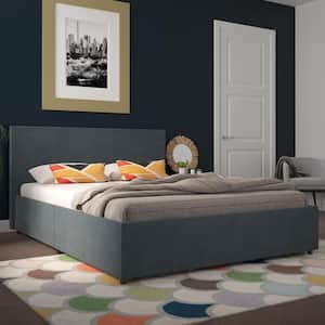 Kelly Navy Blue Linen Upholstered Queen Bed with Storage
