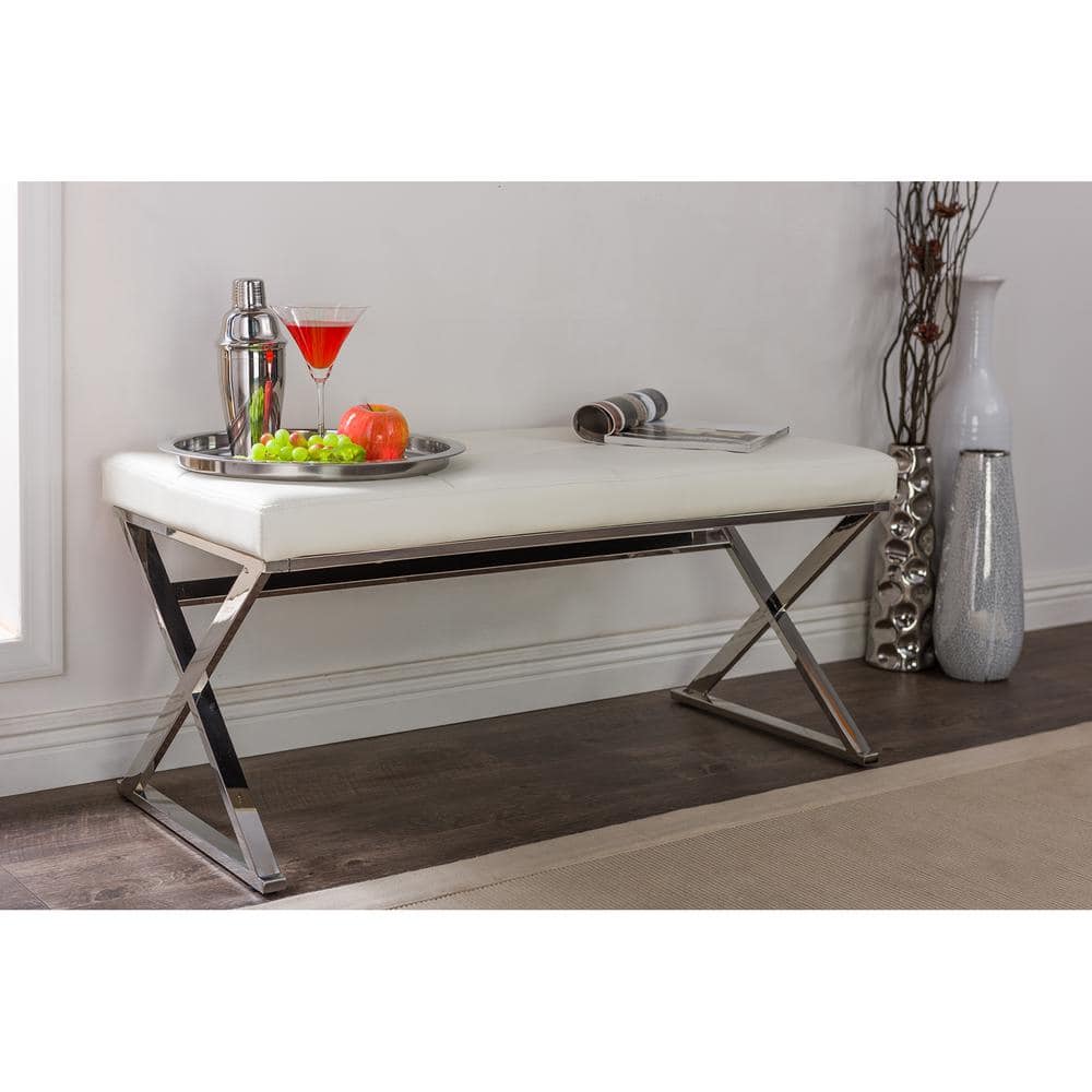 Herald White Faux Leather and Stainless Steel Rectangular Bench