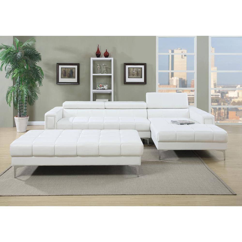 Contemporary Tufted White Leather Rectangular Accent Ottoman