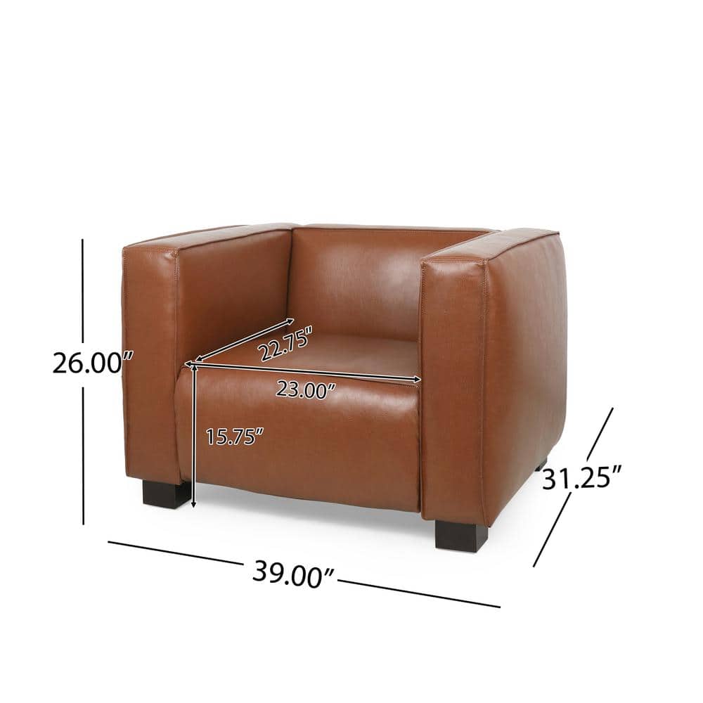 Cognac Brown Square Arm Faux Leather Club Chair with Dark Walnut Wood Legs