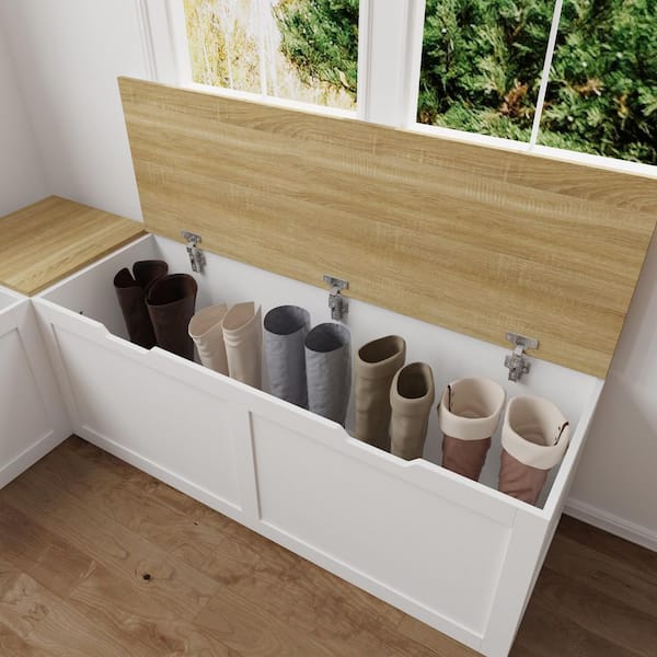 FUFU&GAGA 63 in. W x 17.7 in. H White and Wood Grain Wooden Shoe