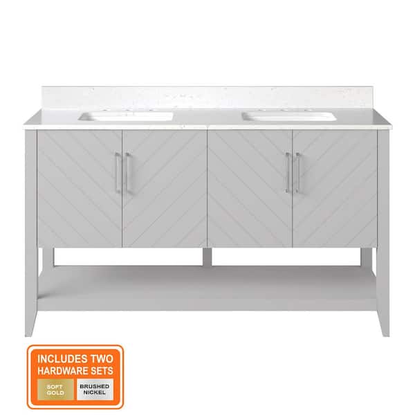 Baybarn 60 in. Double Sink Gray Bath Vanity with White Engineered Carrara Top (Assembled)