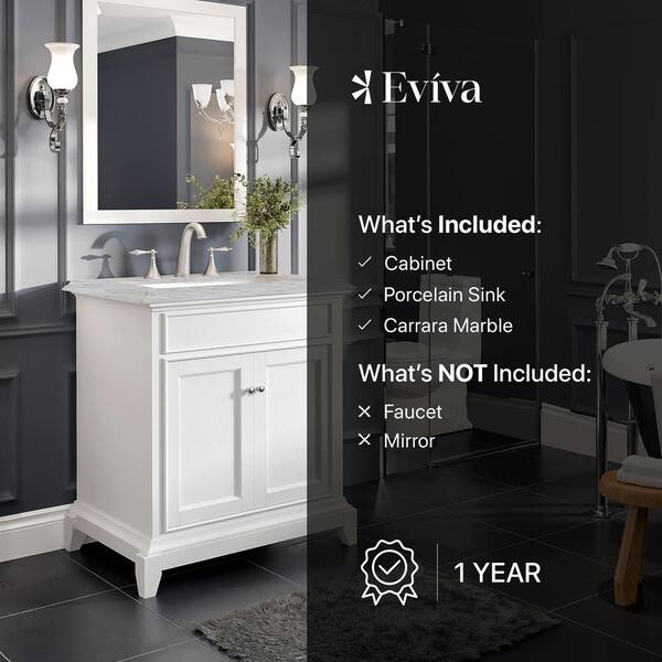 Eviva Elite Princeton 30 in. W x 23.5 in. D x 33.75 in. H Freestanding Bath Vanity in Gray with White Carrara Marble Top