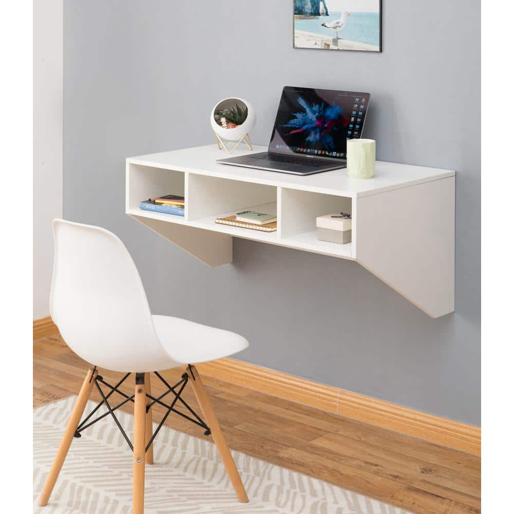 Sleek White Wall-Mounted Computer Desk with Storage Compartments