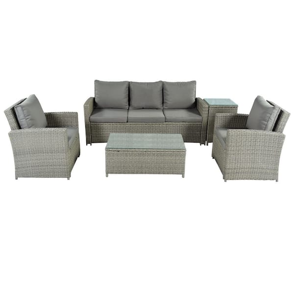 Tunearary 5-Piece Wicker Rattan Outdoor Sectional Sofa Set with Gray Cushions Sides Table Coffee Table