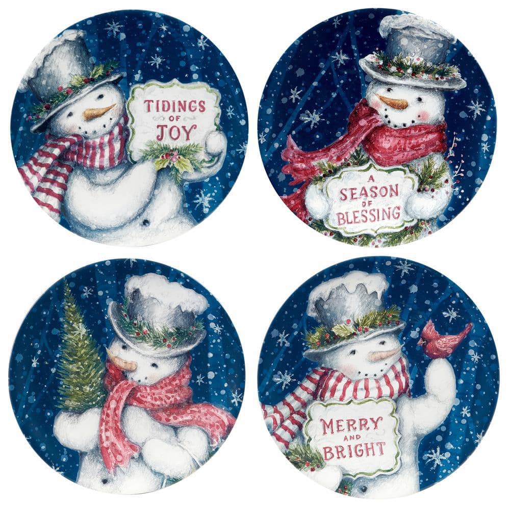  Multi-Colored Snowman Greetings Dessert Plate (Set of 4)