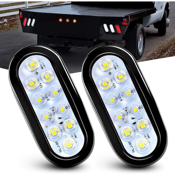 6 Inch Oval White Trailer Tail Lights, 2-Pack, 10 LED Reverse/Back Up Lamp, IP67 Waterproof, Truck RV Camper Boat Jeep