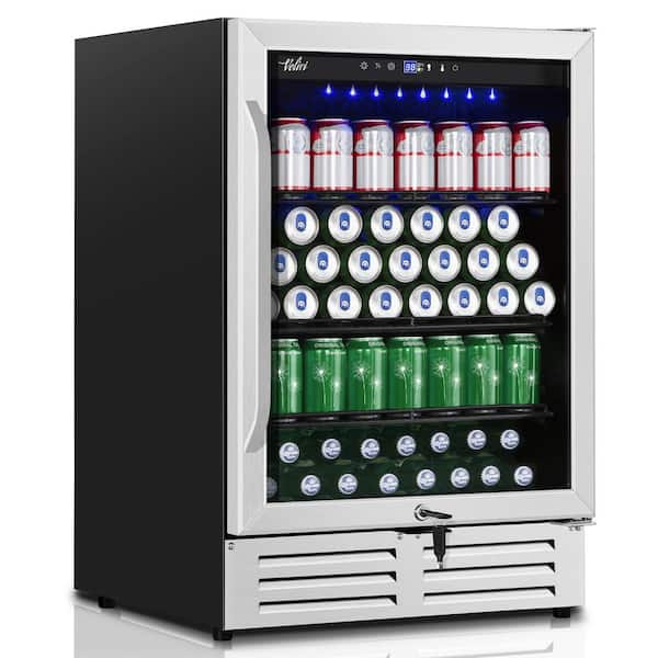 Velivi 24 in. 210 (12 oz.) Can Built-in/Freestanding Beverage Cooler Fridge with Adjustable Shelves in Stainless Steel