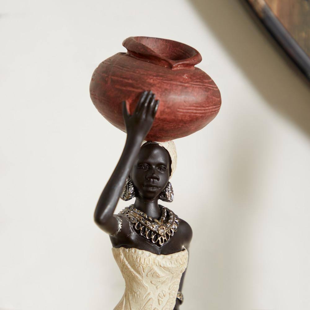 16" Cream Resin African Woman Figurines with Red Water Pots, Set of 2