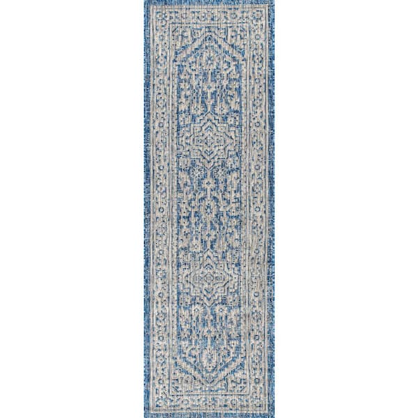 Sinjuri Medallion Textured Weave Navy/Gray 2 ft. x 8 ft. Indoor/Outdoor Runner Rug
