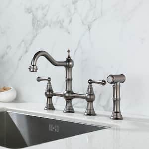 Double Handle Solid Brass Hot and Cold Bridge Kitchen Faucet with Pull Out Side Spray in Antique Bronze