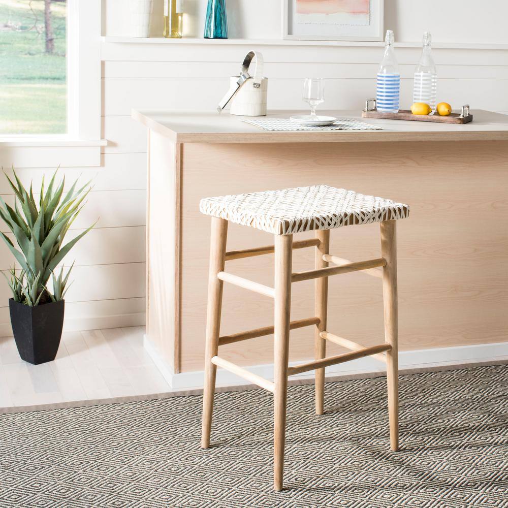 Elevate Transitional 30" White Leather and Natural Wood Bar Stool