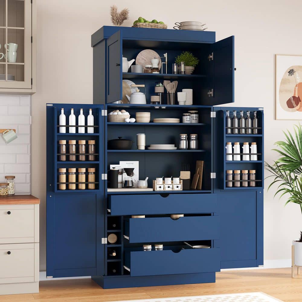 35 in. W x 17.7 in. D x 77 in. H Blue Linen Cabinet Kitchen Pantry with Adjustable Shelves, Door Shelves, Drawers
