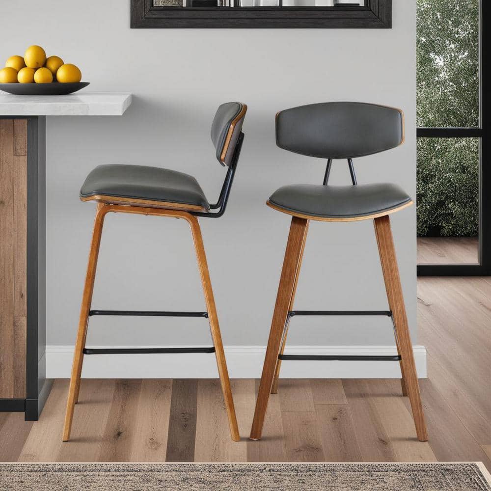 Fox 25.5 in. Mid-Century Counter Height Bar Stool in Gray Faux Leather with