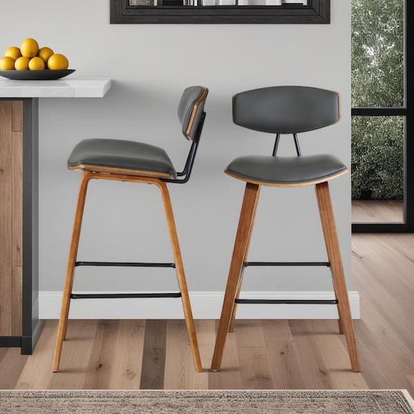 Armen Living Fox 25.5 in. Mid-Century Counter Height Bar Stool in Gray Faux Leather with Walnut Wood