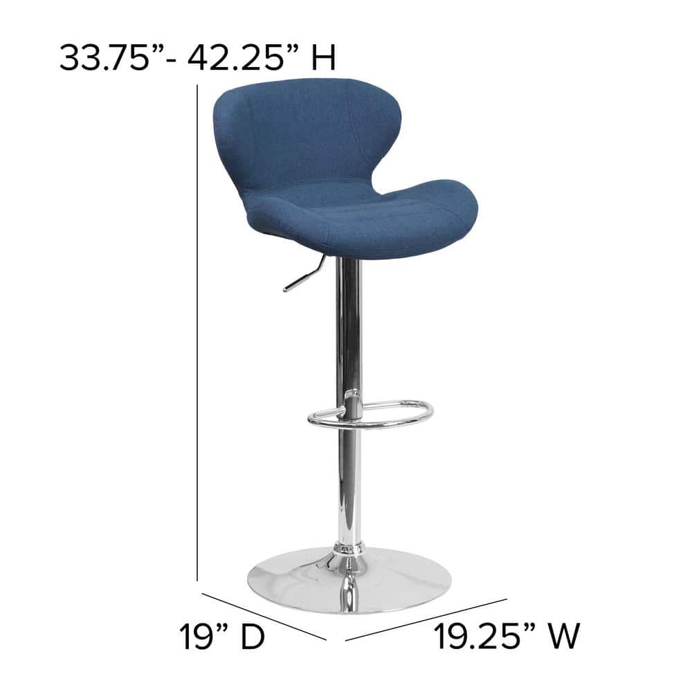 Curvaceous Blue Fabric and Chrome Adjustable Swivel Barstool