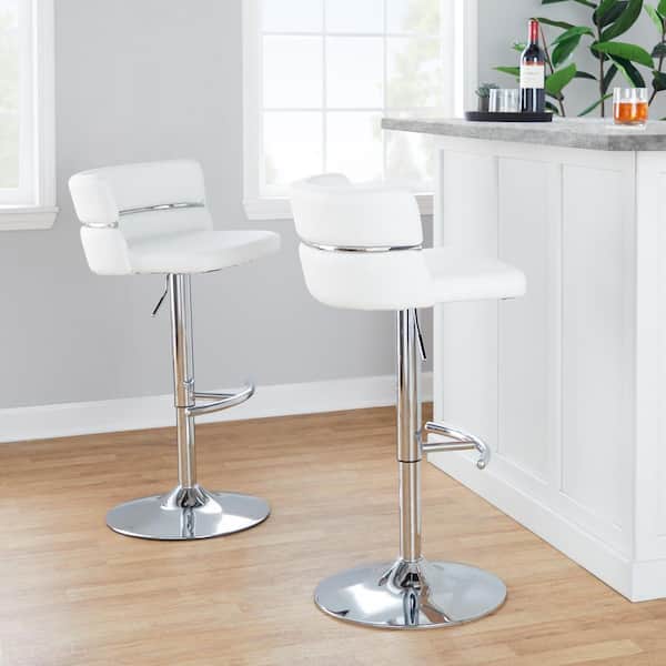 Lumisource Cinch 32.5 in. White Faux Leather and Chrome Metal Adjustable Bar Stool with Rounded T Footrest (Set of 2)