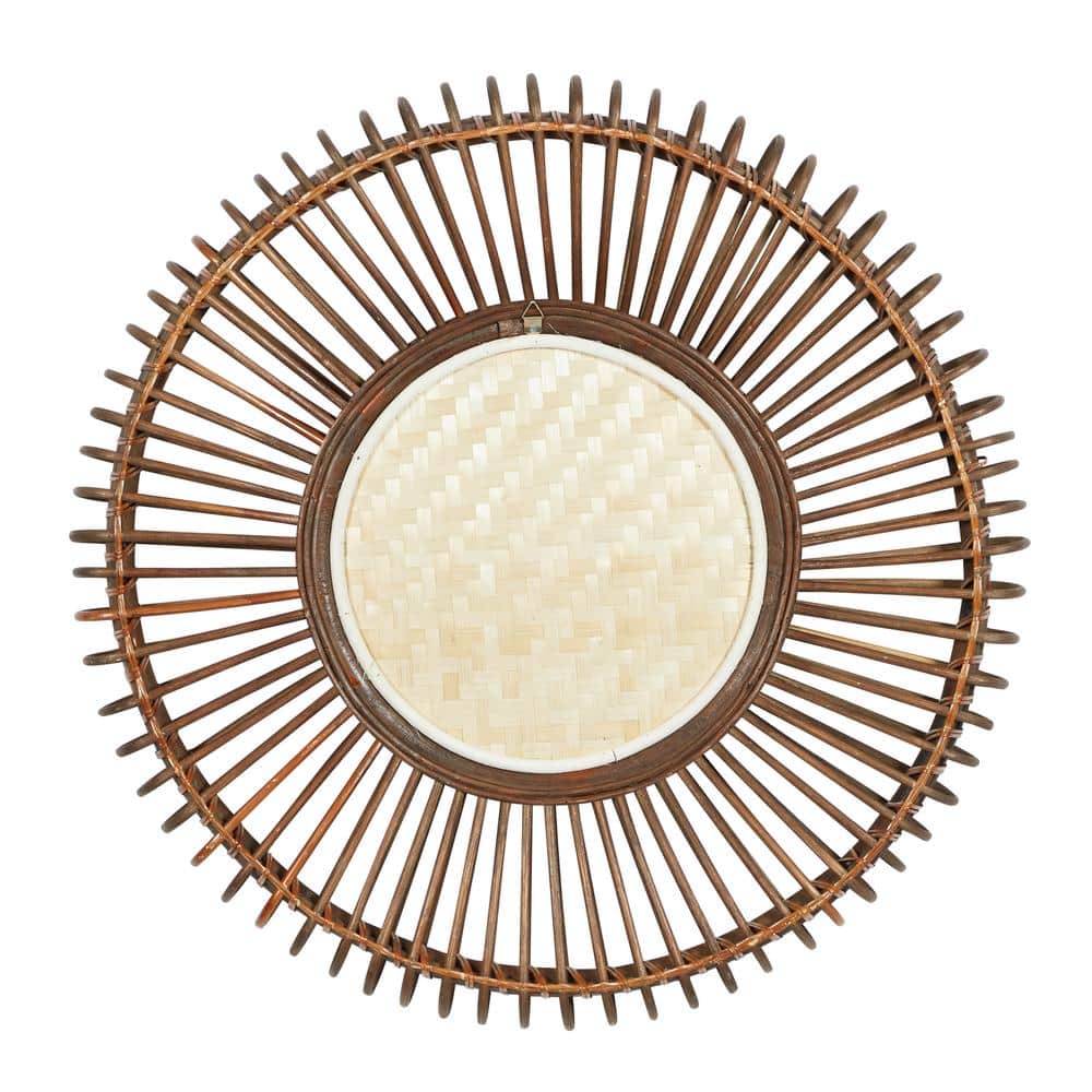 Sunburst Boho Chic Round Wall Mirror in Warm Brown Wood