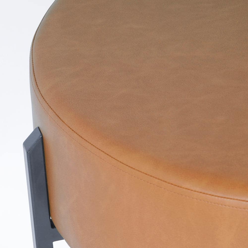Carmel Faux Leather Round Ottoman with Black Metal Legs