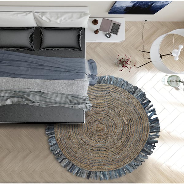 Amelia Casual Denim Blue 3 ft. 6 in. Round Swirl Fringed Braided Organic Jute Area Rug
