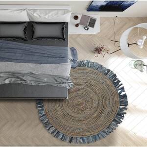 Amelia Casual Denim Blue 3 ft. 6 in. Round Swirl Fringed Braided Organic Jute Area Rug
