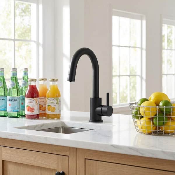 Single Hole Single Handle Stainless Steel Bar Faucet with Swivel Spout and Deckplate in Matte Black