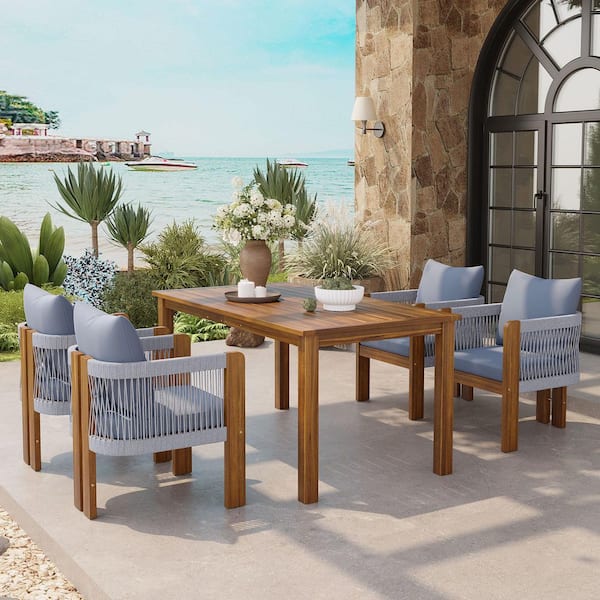 Willowdale Patio 5-Piece Rectangle Brown Solid Wood and Gray Rope Woven Outdoor Dining Set with Gray Cushions