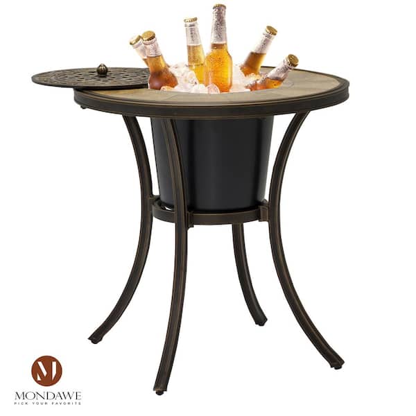 Simplified 3-Piece Cast Aluminum Outdoor Bistro Set Dining Set Swivel Sling Chair & Ceramic Tile Table with Ice Buckets