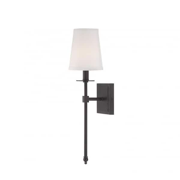 Savoy House Monroe 5 in. W x 20 in. H 1-Light Classic Bronze Wall Sconce with White Fabric Shade