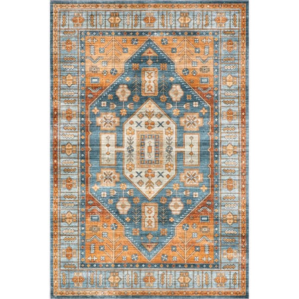 nuLOOM Heidy Vintage Traditional Machine Washable Blue 5 ft. x 8 ft. Area Rug
