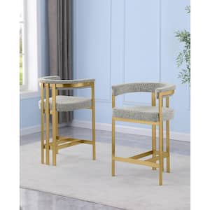 Riley 30 in. Rich Grey Color Low Back Metal Frame Matte Brushed Gold Chrome Base Bar Stool With Boucle Fabric Set of 2