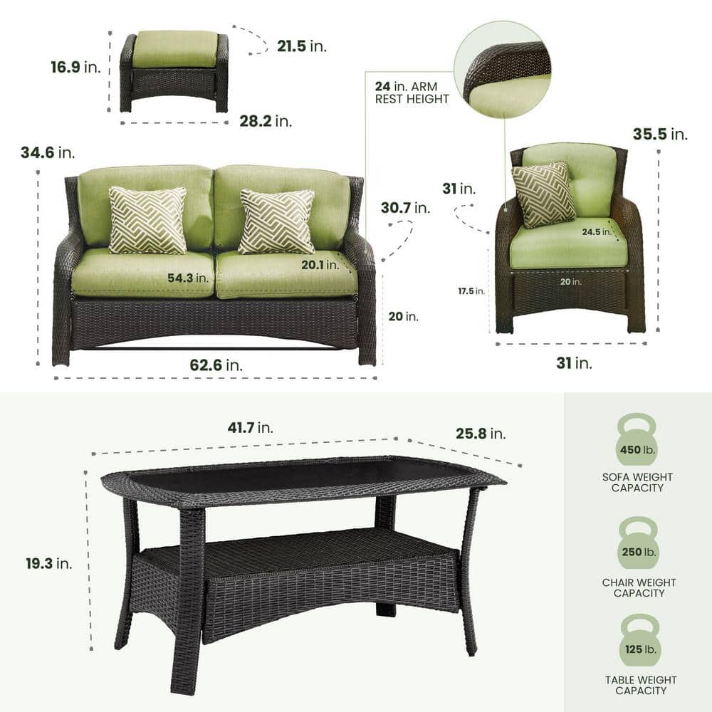 Strathmere Cilantro Green Wicker and Steel 6-Piece Outdoor Loveseat Set